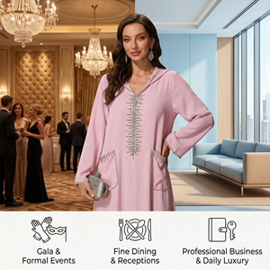 Abaya à capuche ornée de strass pour femmes avec poches, longueur intégrale, marque privée - Product Image 5