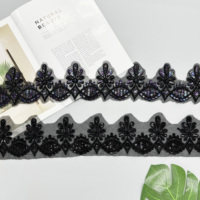 Bordure en dentelle noire à sequins floraux brodée pour tenues de soirée, robes de mariée et accessoires vestimentaires