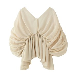 Camicetta da donna personalizzata 2026 stile francese con scollo a V profondo, top a strati con volant a pipistrello e dettagli arricciati, OEM/ODM da fabbrica cinese - Product Image 2
