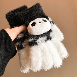 女性用冬暖かい毛皮かわいいジャカードタッチスクリーンニットフルフィンガーグローブ3Dパンダデコレーション - Product Image 4
