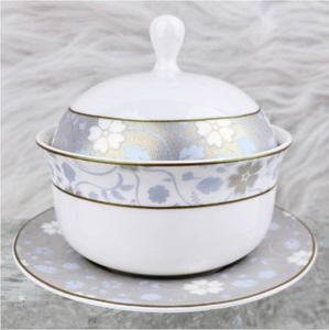 Service de Table de Luxe en Porcelaine Fine 10 Pièces Motif Floral Gris Bleu Bord Doré Compatible Lave-Vaisselle Kit d'Ustensiles Mariage Maison Hôtel - Product Image 6