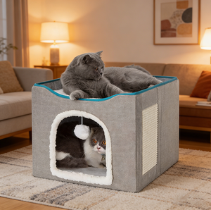 Cama y Cueva para Gatos 2 en 1 con Rascador, Plegable, para Todas las Estaciones, Cama para Gatos de Interior - Product Image 1