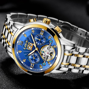 LIGE นาฬิกาจักรกลอัตโนมัติสายสแตนเลสหน้าปัดสีน้ำเงินผู้ชายกันน้ำโครโนกราฟแฟชั่นธุรกิจลำลอง 3BAR 20 ซม. - Product Image 2