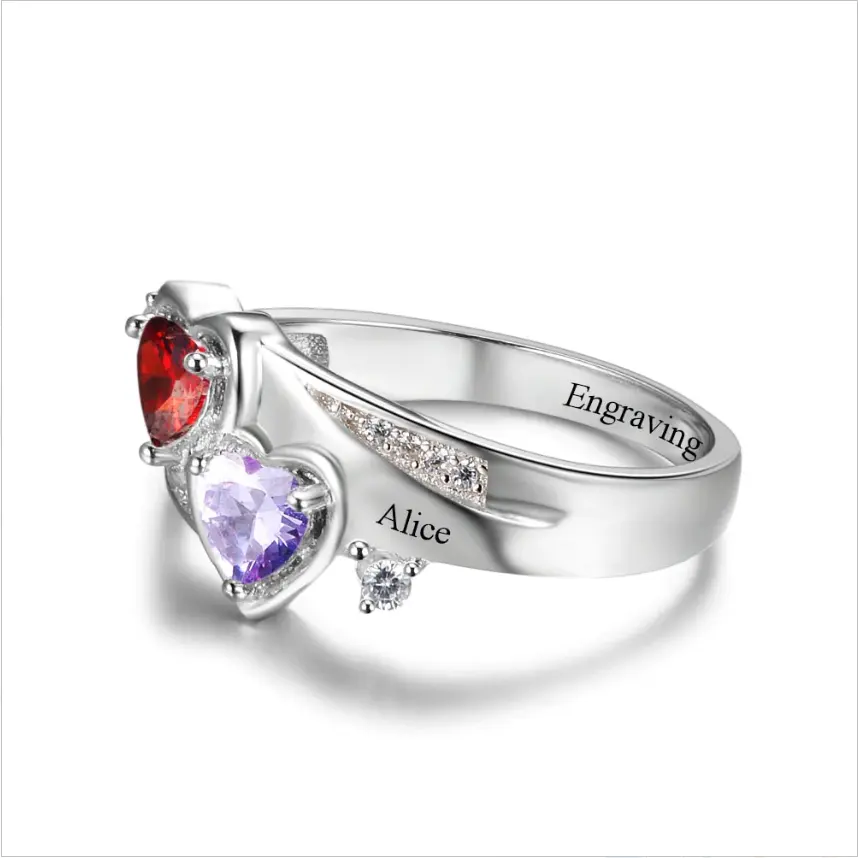DY personalizzato anello in argento Sterling 925 personalizzato cuore Birthstone incidere nomi personalizzati regalo personalizzato