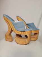 Sandales mules en jean bleu clair pour femme, à talon haut sculpté en bois, plateforme, ornées de dentelle, chaussures de soirée décontractées et avant-gardistes