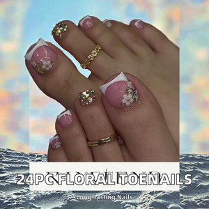 Venta al por mayor 24 piezas cubierta completa diseño <span class=keywords><strong>flores</strong></span> blanco francés <span class=keywords><strong>uñas</strong></span> artificiales de los pies desnudo Rosa dedo del pie <span class=keywords><strong>uñas</strong></span> postizas usable corto forma plana - Product Image 2