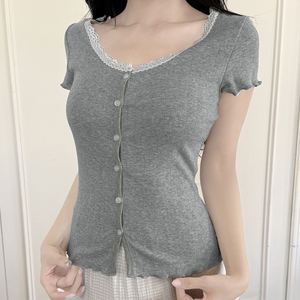 <b>Women</b> Lace Trim Button Front Openwork Knit Long Sleeve <b>T</b> <b>Shirt</b> Top Casual Slim Fit Elegant Street Fashion - Product Image 5