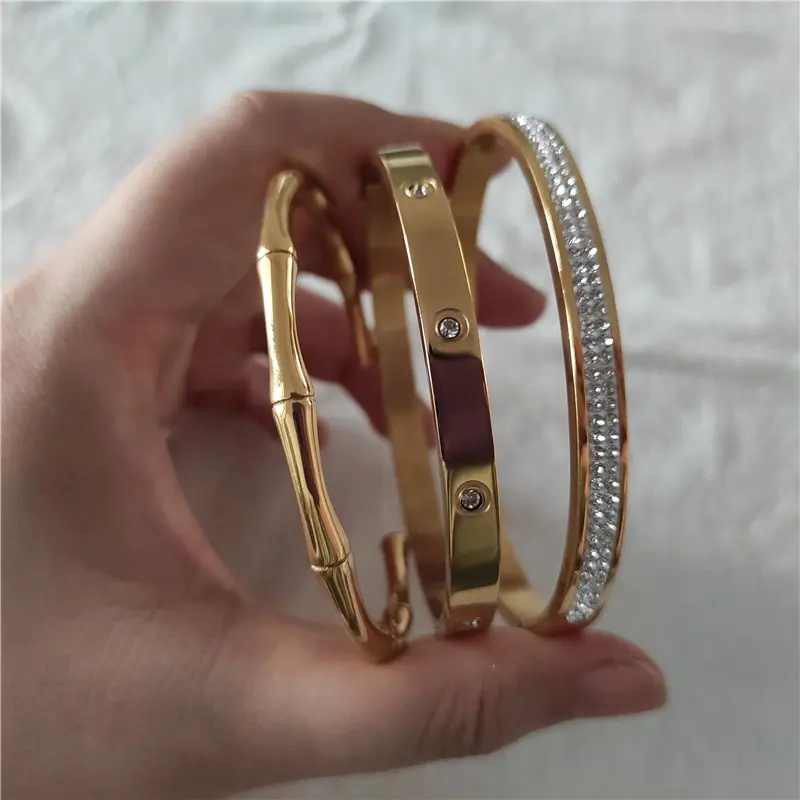 Pulseira de bambu, pulseira de bambu da moda 18k, banhada a ouro, diamante, pulseira feminina, aço inoxidável, joias