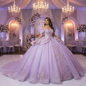 Vestido de Quinceañera Xss36 Vintage Lavanda Brillante, Largo hasta el Suelo, con Lentejuelas, Cuentas y Apliques de Encaje en los Hombros, para Fiesta de Noche o Gala - Product Image 1