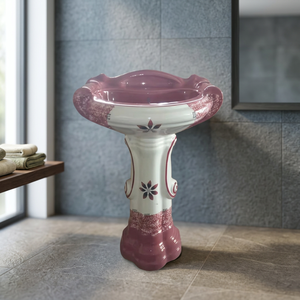 Customized Modern Round Gray Ceramic Wash Basin Pedestal Set Wall Mounted Bathroom Sink with Full Pedestal - Product Image 2