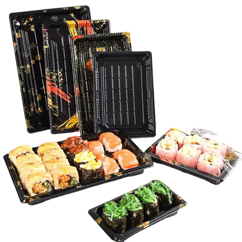 Custom Wholesale Rectangular Serving Bento Takeaway Packaging Takeout Sushi Tray Disposable Plastic Sushi Box With Lid
