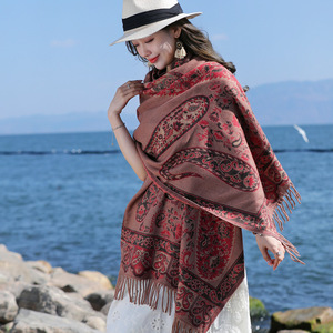 Écharpe-châle double usage pour femme, en <span class=keywords><strong>imitation</strong></span> cachemire épaissi, motif Paisley, style ethnique occidental Feuille du Sichuan, pour l'automne et l'hiver, idéale pour les voyages - Product Image 6