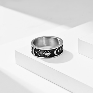 Anillos de acero inoxidable/titanio estilo bohemio con estrellas, lunas y sol, los más vendidos transfronterizos, para hombre y mujer, de compromiso. - Product Image 2