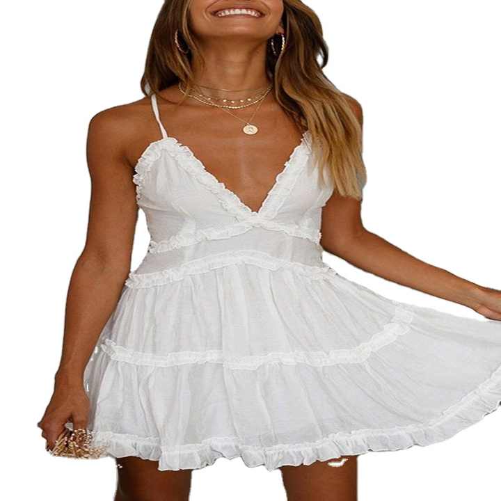 SOLID MINI SUMMER DRESS WITH STRAP V NECK main image 1