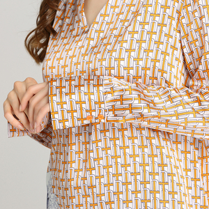 Alta calidad preferido naranja impreso seda cuello en V <span class=keywords><strong>manga</strong></span> larga clásico de oficina t camisa blusa - Product Image 6