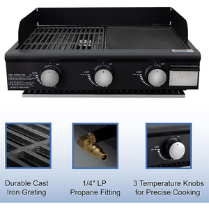 Barbecue à gaz portable moderne de 25 pouces avec plaque de cuisson en <span class=keywords><strong>fonte</strong></span> <span class=keywords><strong>émaillé</strong></span>e, 3 brûleurs au propane, 36 000 BTU, conception côte à côte - Product Image 2