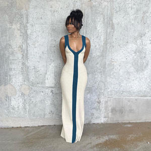 Mode d'été Plage sans manches Sexy col en V Large sangle <span class=keywords><strong>Couleur</strong></span> contrastante Vacances Casual Resort Long Maxi Dresses - Product Image 3