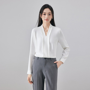 Light Blue V Neck Long Sleeve Shirt Women Solid Color Office Wear Polyester Blouse Simple Design Spring Autumn Commute Top - Product Image 3