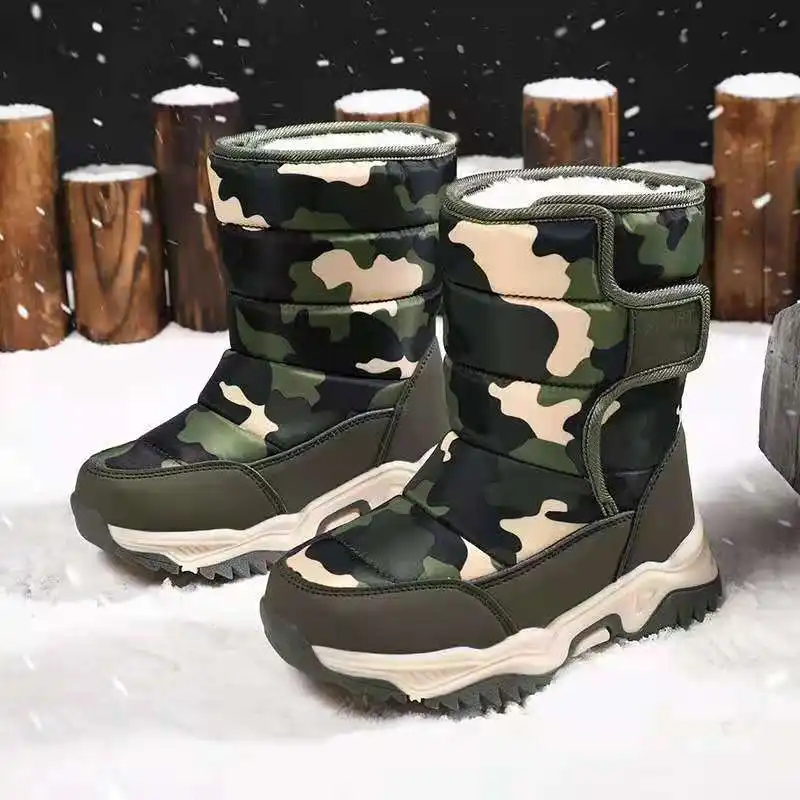 Wholesale Price Russia Market Waterproof Nylon Mid-High Camouflage Children Snow Fur Boots For Kids