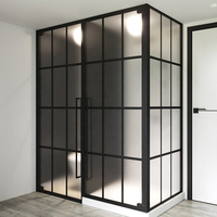 Cabine de douche en verre dépoli sur mesure pour hôtel, avec porte à charnière en alliage d'aluminium poli, finition satinée noire