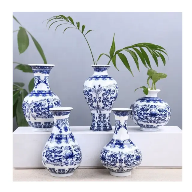 Vas bunga porselen biru dan putih Retro buatan tangan Mini gaya Tiongkok untuk hiasan seni Desktop penataan bunga