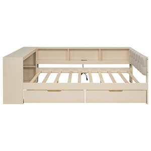 Lit et bureau combinés avec étagères de rangement et tiroirs, meubles de chambre à coucher peu encombrants pour enfants, adultes et personnes âgées, couleur camel - Product Image 5