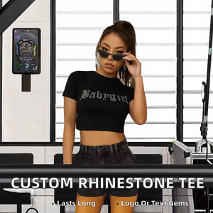 T-shirts en coton pour femmes, coupe ajustée, manches courtes, décontractés d'été, avec logo ou texte personnalisé et décoration de diamants - Product Image 2