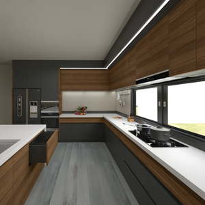 Ensemble <span class=keywords><strong>de</strong></span> meubles <span class=keywords><strong>de</strong></span> cuisine modernes et minimalistes gris et imitation bois avec îlot, éclairage LED et tabourets <span class=keywords><strong>de</strong></span> <span class=keywords><strong>bar</strong></span>, meubles <span class=keywords><strong>de</strong></span> cuisine sur mesure <span class=keywords><strong>de</strong></span> luxe - Product Image 3
