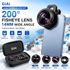 Kit d'objectifs pour téléphone portable GiAi 4 en 1, objectif fisheye 200°, <span class=keywords><strong>macro</strong></span>, <span class=keywords><strong>grand</strong></span> <span class=keywords><strong>angle</strong></span>, adaptateur d'objectif, verre optique 14 mm, photographie pour smartphone - Product Image 1