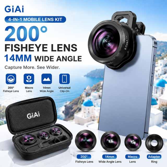 GiAi 4in1 Mobile Phone Camera Lens Kit 200 Fisheye Macro Wide Angle Lens Adapter 14mm Optical Glass Smartphone Photography