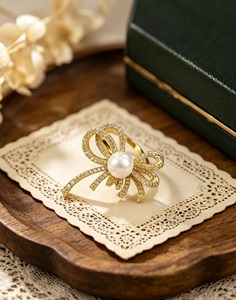 Bowknot Pearl Ring Pave Setting Natural Round Stone Women's Glam Style - Product Image 3