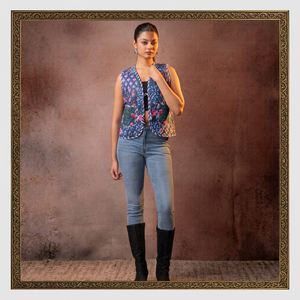 Chaleco Acolchado Vintage con Parches Florales para Mujer, 100% Algodón, Estilo Sujani, Cuello en V, Tejido, Sin Mangas, para Otoño e Invierno - Product Image 1