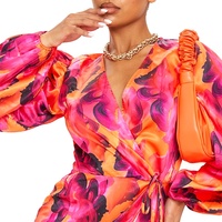Robe longue à manches longues pour femmes grandes tailles, imprimé floral, nouée à la taille, robe maxi élégante à manches lanternes plissées