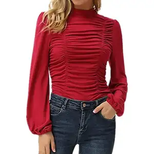 Woman casual pleated long puff sleeve high neck tops blouse