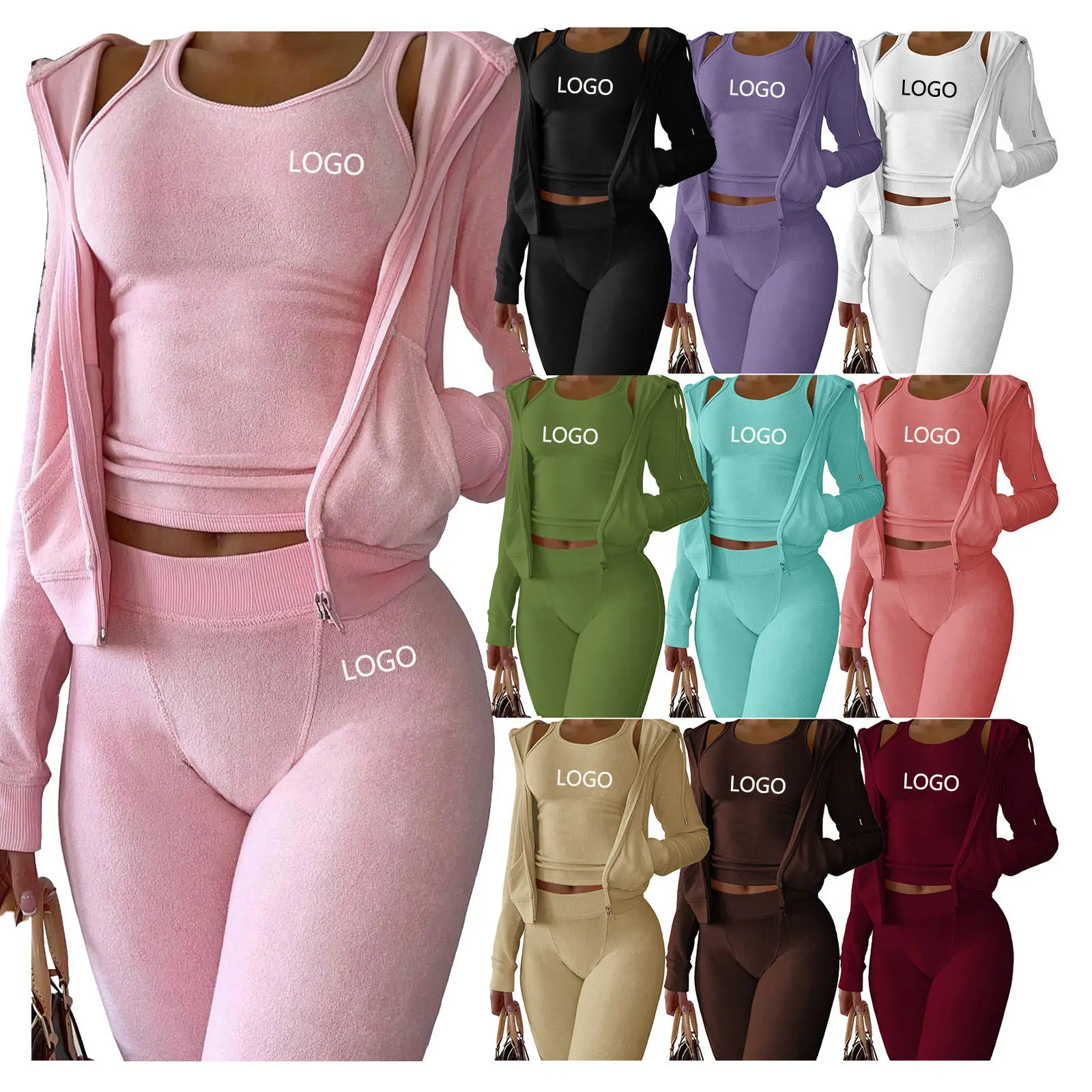 Custom high waisted tracksuit casual solid 3pc women set jogger skiny long sleeve 3 piece suit fall clothing for women ladies