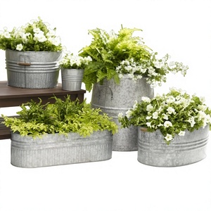 Rustic Galvanized Metal Planters Set Outdoor Garden Flower Pots With Green Plants And White Flowers Decorative <b>Container</b> - Product Image 1