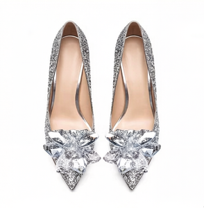 Scarpe da Sposa da Donna Personalizzate dal Produttore, Nuove, di Lusso, con <span class=keywords><strong>Glitter</strong></span> <span class=keywords><strong>Argento</strong></span>, Fiocco Decorato con Cristalli, Punta Affusolata e Tacco a Spillo - Product Image 3