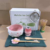 Kit de Cérémonie du Thé Matcha Japonais Traditionnel : Bol en Céramique, Fouet en Bambou Chasen, Support, Tamis à Poudre, Cuillère Doseuse, Cuillère de Mesure, Tasse