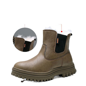 รองเท้าบูทหิมะผู้ชาย ขนหนานุ่ม อุ่น กันลื่น สำหรับฤดูหนาว หนังเย็บต่อกัน ส้นเตี้ย พื้นยาง กันความหนาวเย็น หุ้มข้อสูง แบบมาร์ติน - Product Image 5