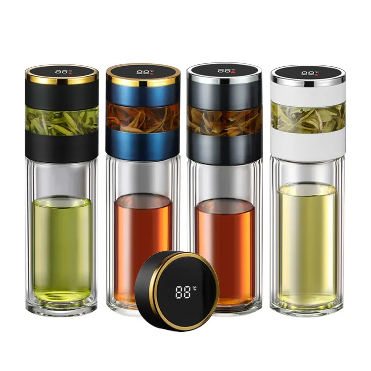 smart temperature display double wall borosilicate glass tea tumbler with infuser