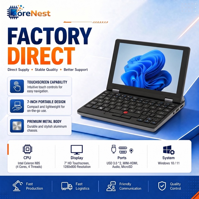 CoreNest 7 Inch Metal Pocket Mini Laptop Intel N95 8GB 16GB 32GB RAM Business Trip Handheld Touchscreen PC Ultra Portable Laptop