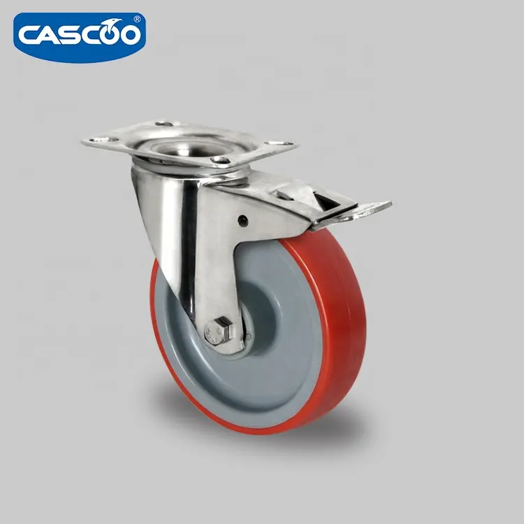 CASCOO 5" swivel polyurethane stainless steel wheel with total brake for food industry and rack trolley caster