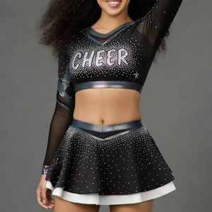 Uniforme de cheerleading pour filles OEM, costume de danse moderne de cheerleader, robe plissée à manches longues avec paillettes et strass métalliques - Product Image 1