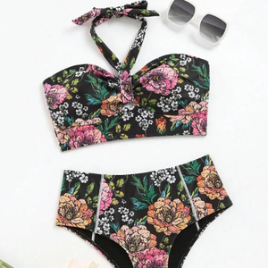 Nuevo estampado floral femenino gran trasero cintura alta sin mangas Sexy Halter Bikini traje de baño - Product Image 5