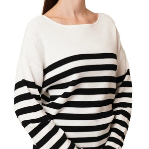 Customized Classic <strong>Black</strong> <strong>and</strong> <strong>White</strong> <strong>Stripe</strong> Relaxed Waffle Knit T-shirt Fashion Contrast Wide <strong>Stripe</strong> <strong>Long</strong> <strong>Sleeve</strong> Knit <strong>Top</strong> - Product Image 2