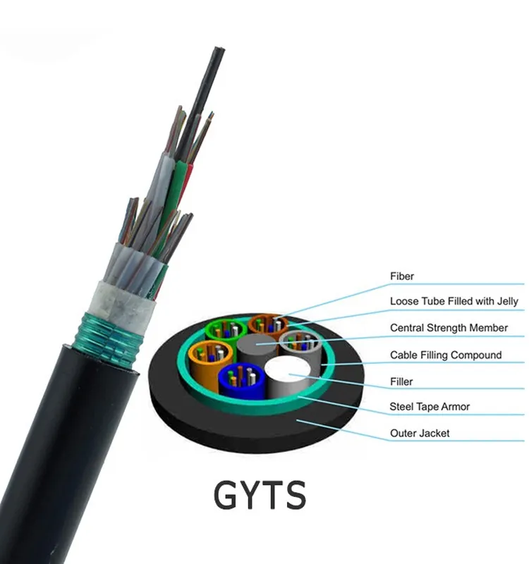 GYTS GYTA 2 4 6 8 12 24 36 48 72 96 144 288 Core G652D Mode Tunggal Kabel Optik Serat Baja Tabung Longgar Beruntai