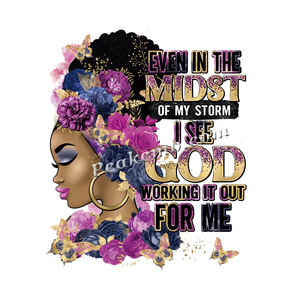 Trasferibile termoadesivo in vinile stampato con design Afro Girl nera, 'I Saw God Working IT Out for Me Now', per magliette da donna - Product Image 1