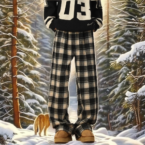 Pantalones de tartán Mujer Cintura alta Pierna ancha Mezcla de lana Pantalones drapeados Rectos Casual Otoño Invierno - Product Image 2