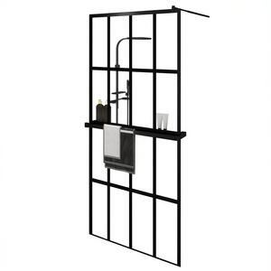 Paroi de douche noire avec étagère, 35,4x76,8 pouces, verre ESG, cadre en aluminium, design industriel - Product Image 1