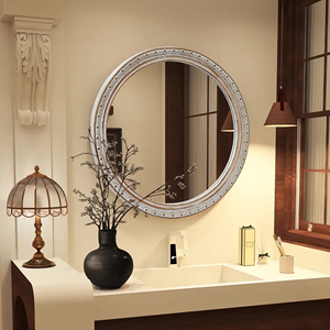Ornate Round Wall Mirror 23.62 In Distressed Silver <b>Gold</b> Carved <b>Frame</b> Decorative Bathroom Vanity Mirror - Product Image 2